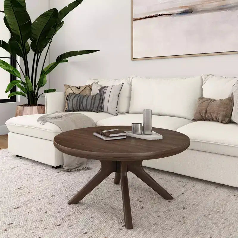 Table basse ronde à tréteaux en bois massif Plank+Beam, 36 po, pour salon