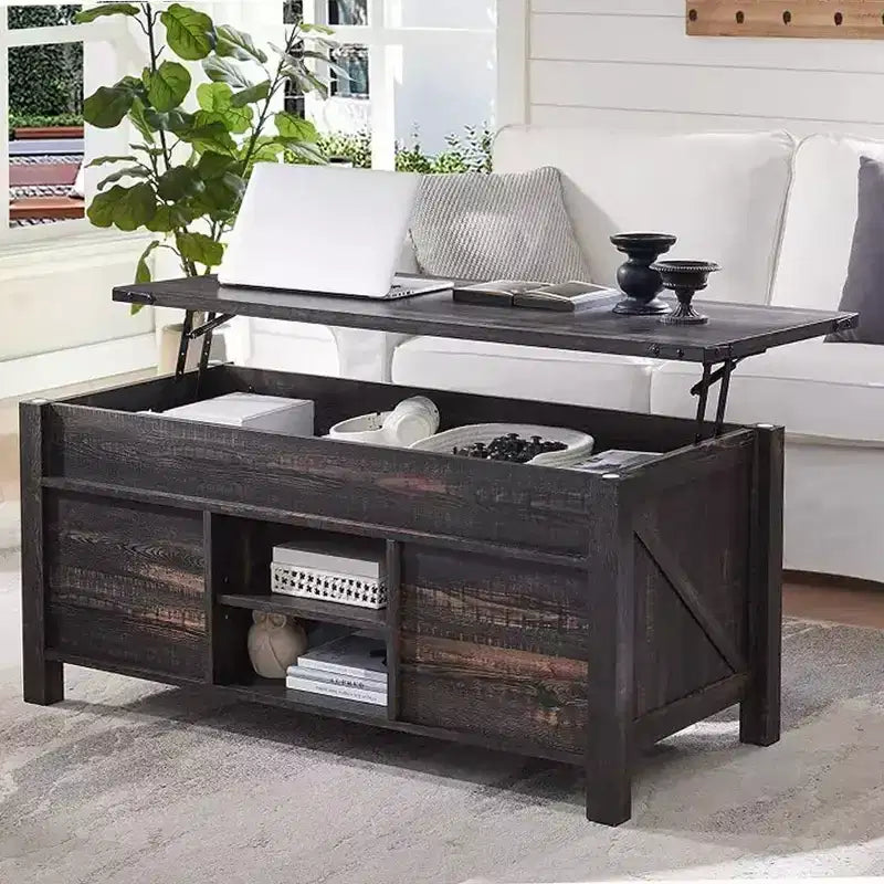 Table basse relevable SinCiDo 48 avec porte coulissante de grange et étagère réglable