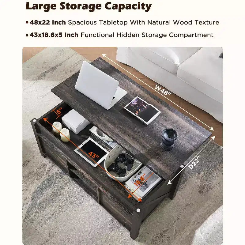 Table basse relevable SinCiDo 48 avec porte coulissante de grange et étagère réglable
