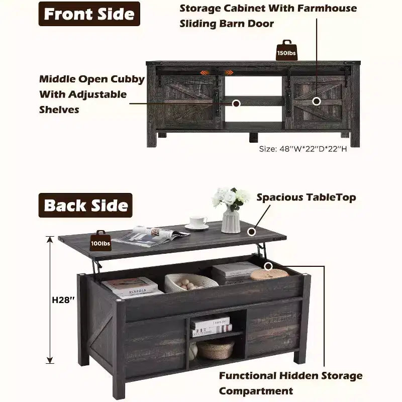 Table basse relevable SinCiDo 48 avec porte coulissante de grange et étagère réglable