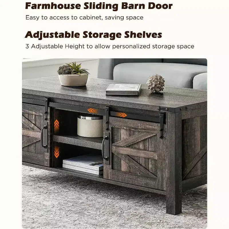 Table basse relevable SinCiDo 48 avec porte coulissante de grange et étagère réglable