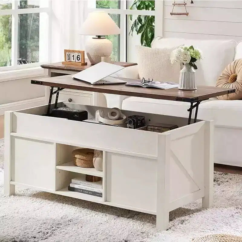 Table basse relevable SinCiDo 48 avec porte coulissante de grange et étagère réglable