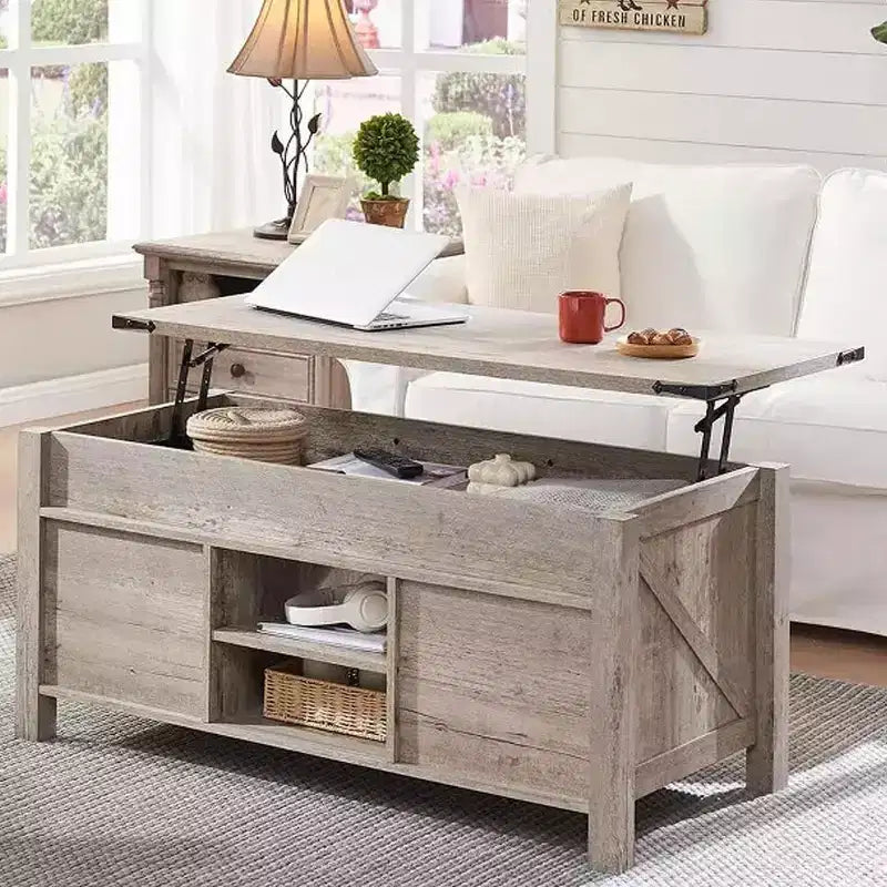 Table basse relevable SinCiDo 48 avec porte coulissante de grange et étagère réglable
