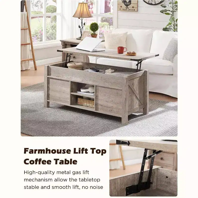 Table basse relevable SinCiDo 48 avec porte coulissante de grange et étagère réglable