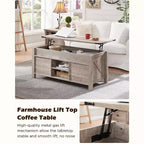 Table basse relevable SinCiDo 48 avec porte coulissante de grange et étagère réglable