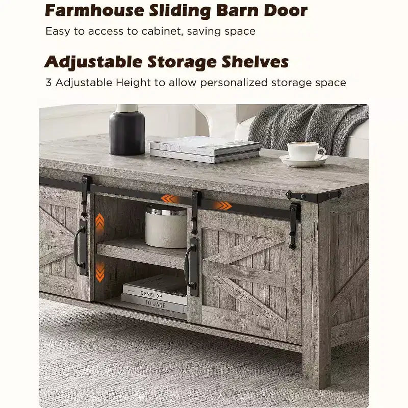 Table basse relevable SinCiDo 48 avec porte coulissante de grange et étagère réglable