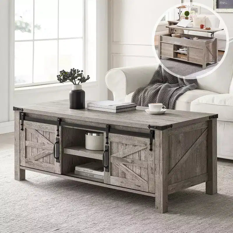 Table basse relevable SinCiDo 48 avec porte coulissante de grange et étagère réglable