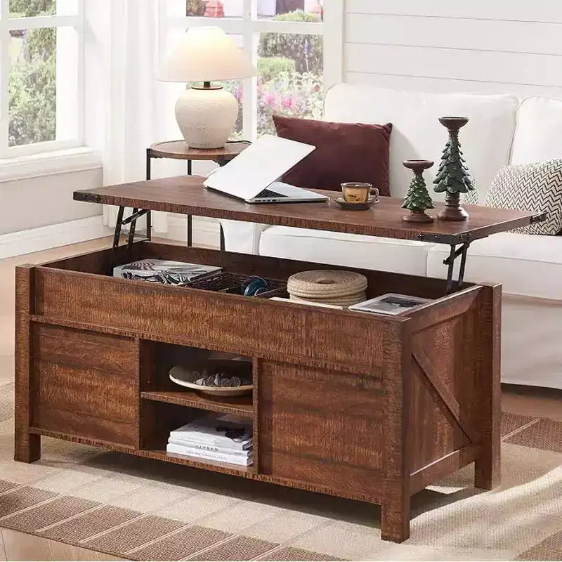 Table basse relevable SinCiDo 48 avec porte coulissante de grange et étagère réglable