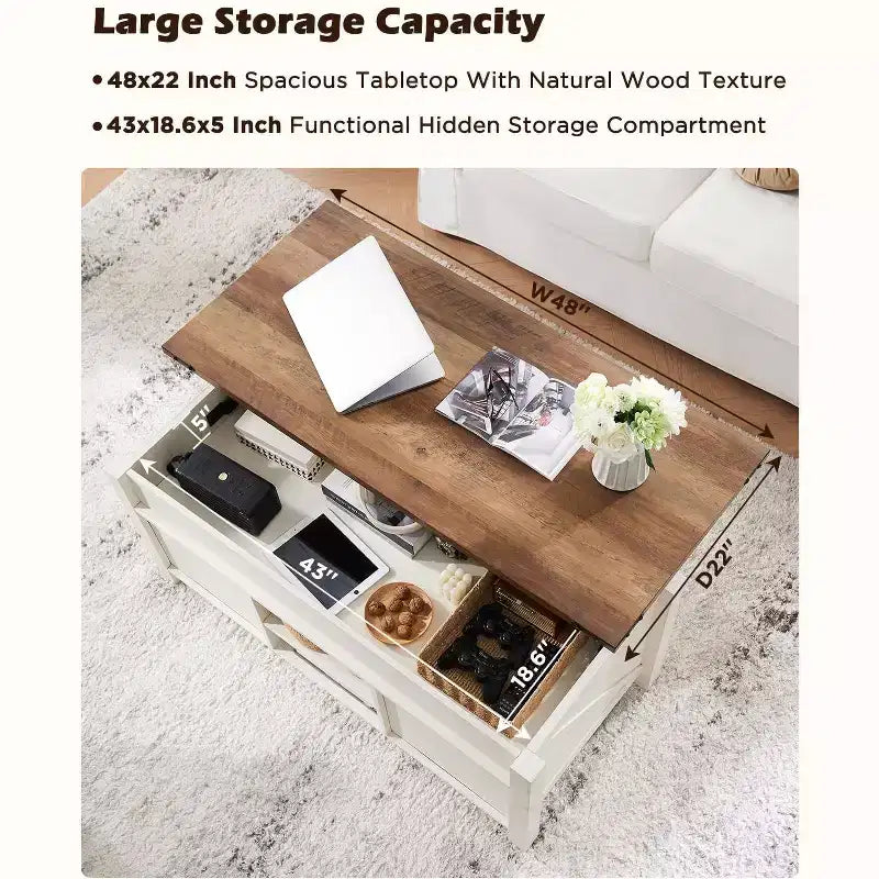 Table basse relevable SinCiDo 48 avec porte coulissante de grange et étagère réglable