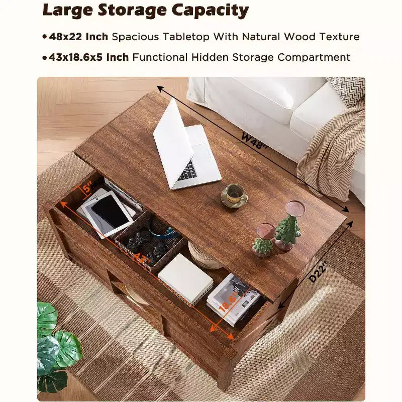 Table basse relevable SinCiDo 48 avec porte coulissante de grange et étagère réglable