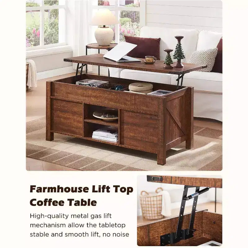 Table basse relevable SinCiDo 48 avec porte coulissante de grange et étagère réglable