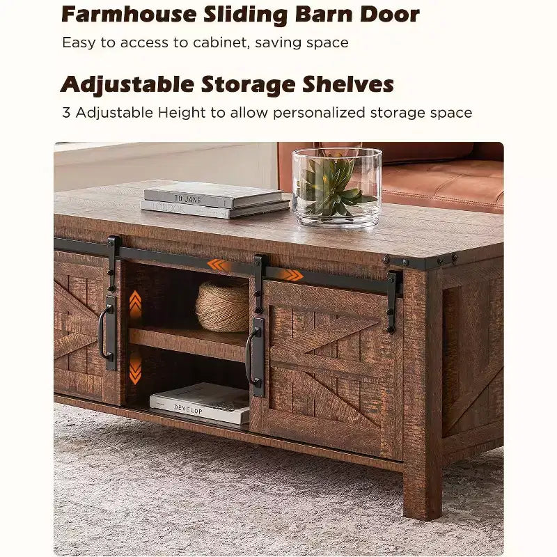 Table basse relevable SinCiDo 48 avec porte coulissante de grange et étagère réglable