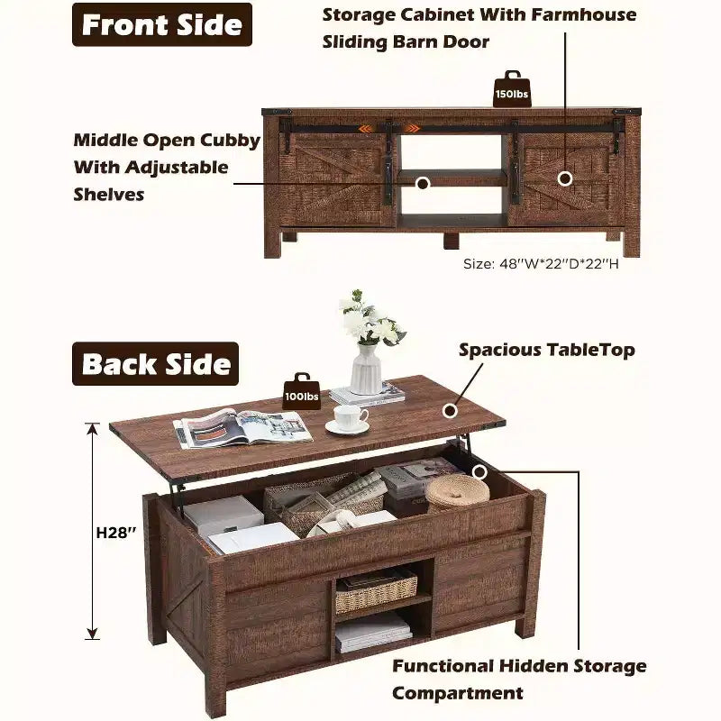 Table basse relevable SinCiDo 48 avec porte coulissante de grange et étagère réglable