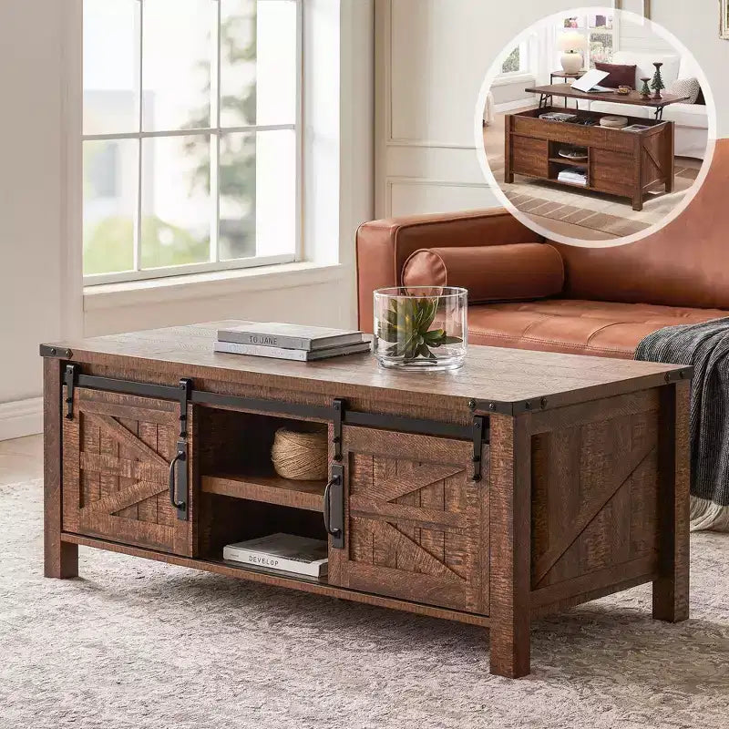 Table basse relevable SinCiDo 48 avec porte coulissante de grange et étagère réglable
