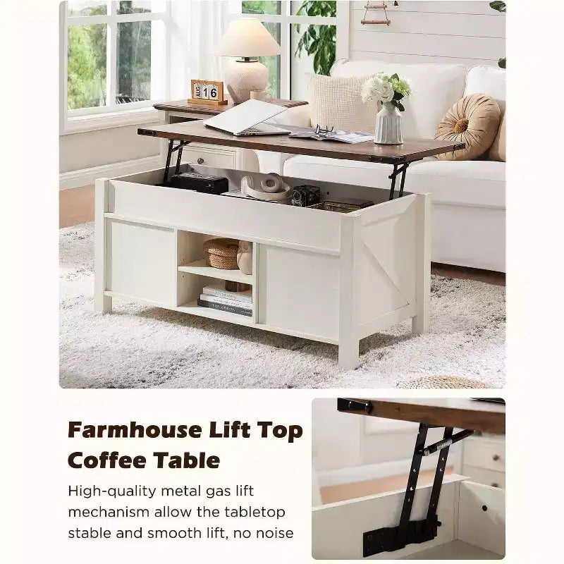 Table basse relevable SinCiDo 48 avec porte coulissante de grange et étagère réglable
