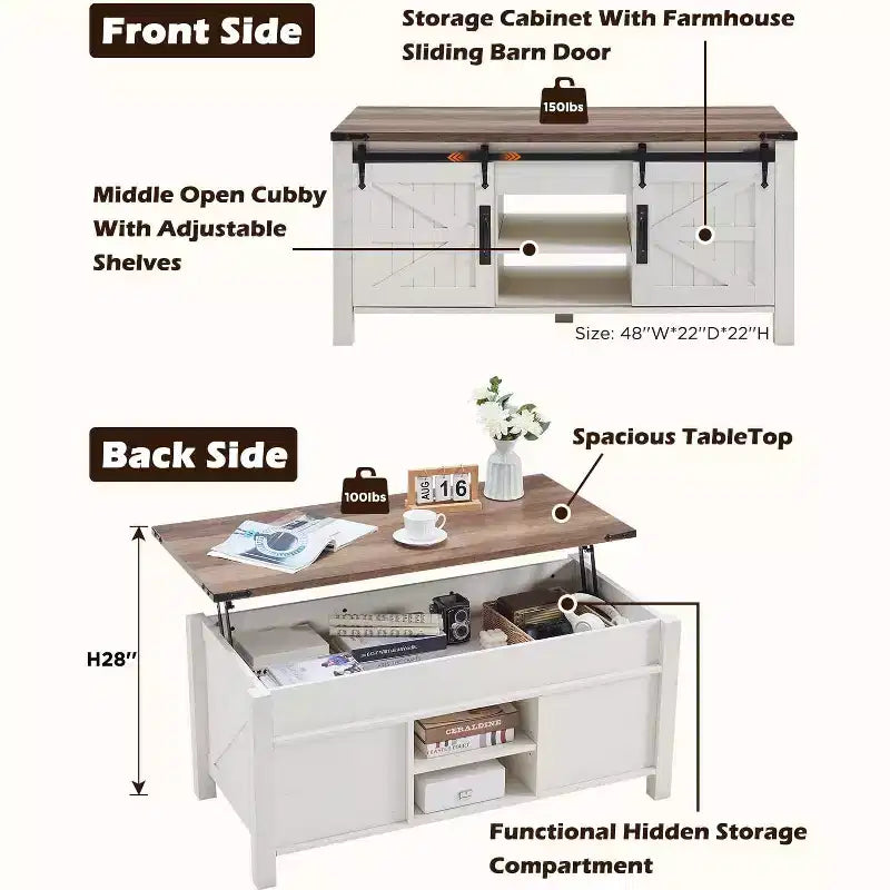 Table basse relevable SinCiDo 48 avec porte coulissante de grange et étagère réglable