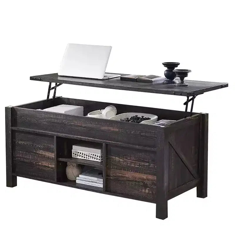 Table basse relevable SinCiDo 48 avec porte coulissante de grange et étagère réglable