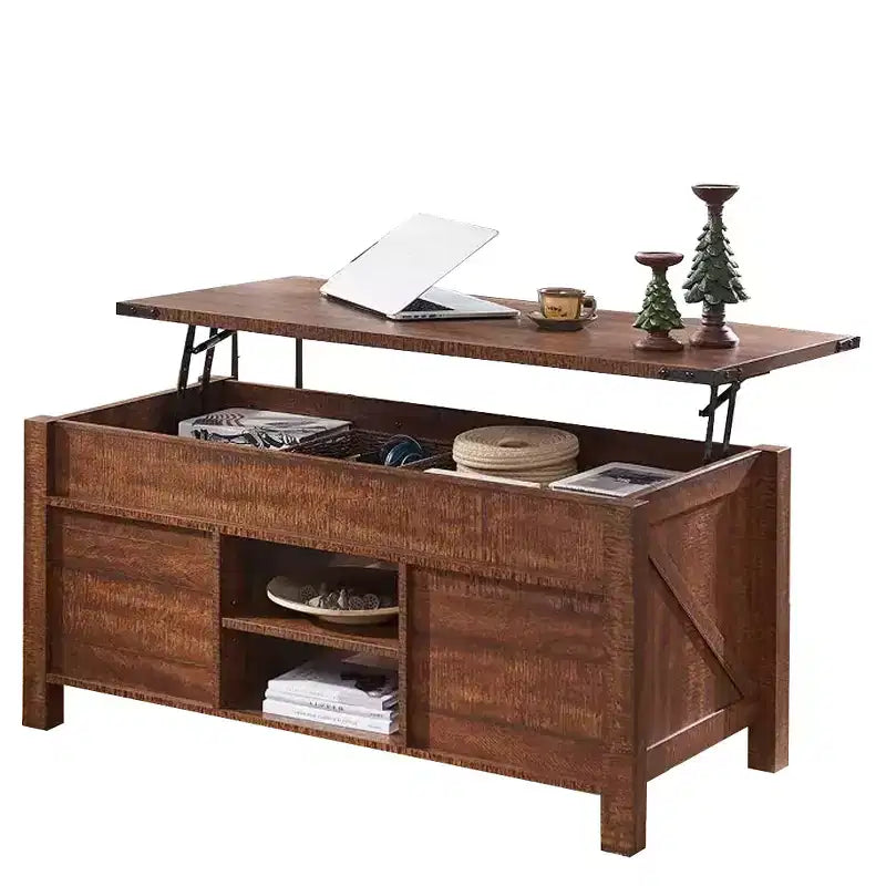 Table basse relevable SinCiDo 48 avec porte coulissante de grange et étagère réglable
