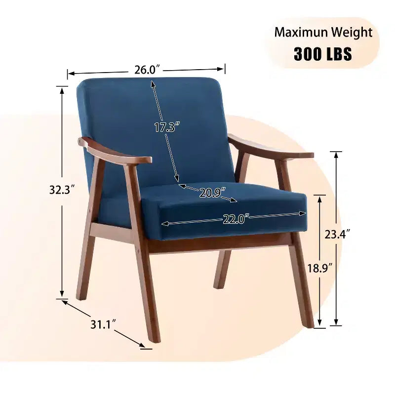 Fauteuil en Velours Accent, Chaises Modernes du Milieu du Siècle avec Dossier Ergonomique, Fauteuil de Lecture Individuel avec Cadre en Bois Massif pour Salon
