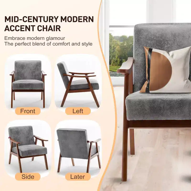 Fauteuil en Velours Accent, Chaises Modernes du Milieu du Siècle avec Dossier Ergonomique, Fauteuil de Lecture Individuel avec Cadre en Bois Massif pour Salon