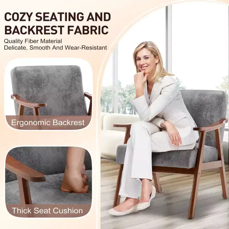 Fauteuil en Velours Accent, Chaises Modernes du Milieu du Siècle avec Dossier Ergonomique, Fauteuil de Lecture Individuel avec Cadre en Bois Massif pour Salon