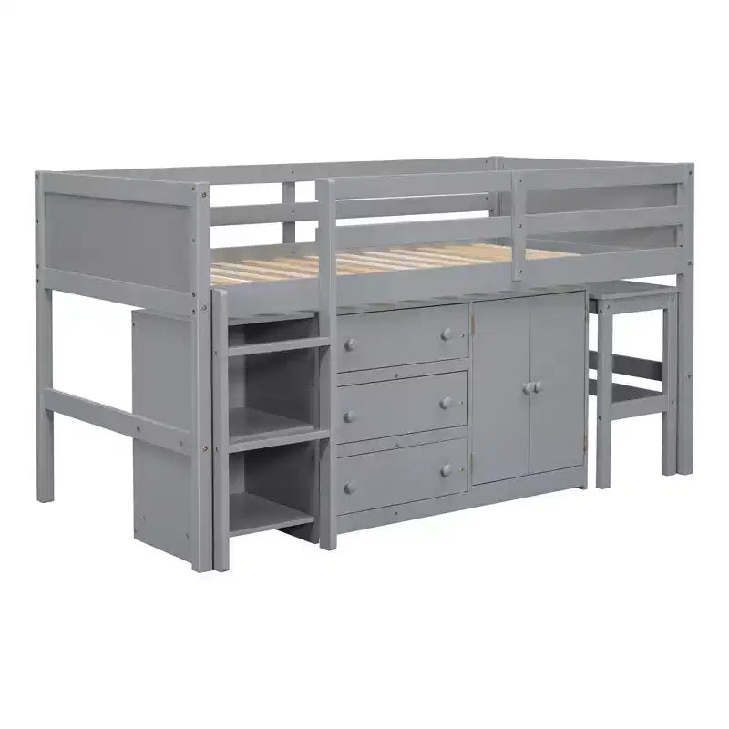 Cadre de lit bas mezzanine en bois massif, avec bureau coulissant, tiroirs, armoire et étagères, pour enfants, adolescents, garçons et filles
