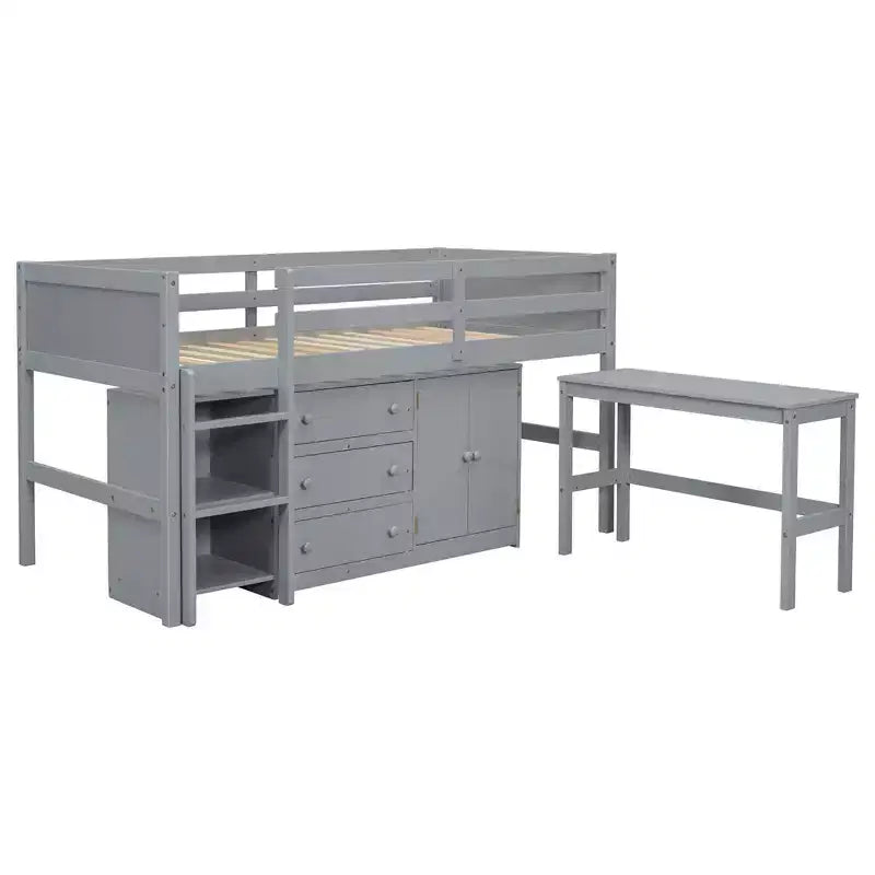 Cadre de lit bas mezzanine en bois massif, avec bureau coulissant, tiroirs, armoire et étagères, pour enfants, adolescents, garçons et filles
