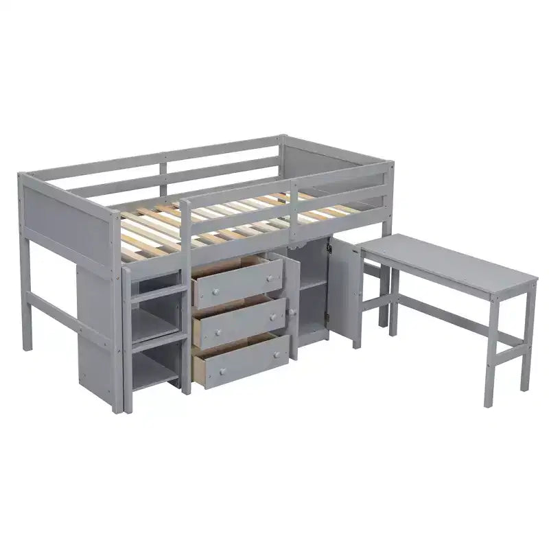 Cadre de lit bas mezzanine en bois massif, avec bureau coulissant, tiroirs, armoire et étagères, pour enfants, adolescents, garçons et filles