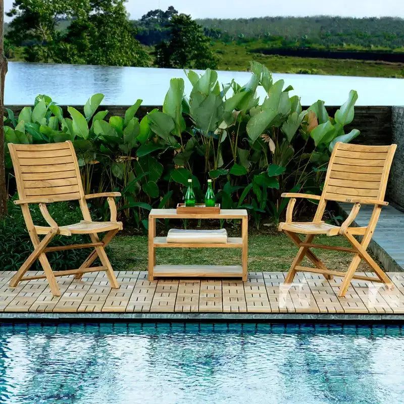 Chaise pliante de patio d'extérieur en teck naturel nordique avec accoudoirs - Beige