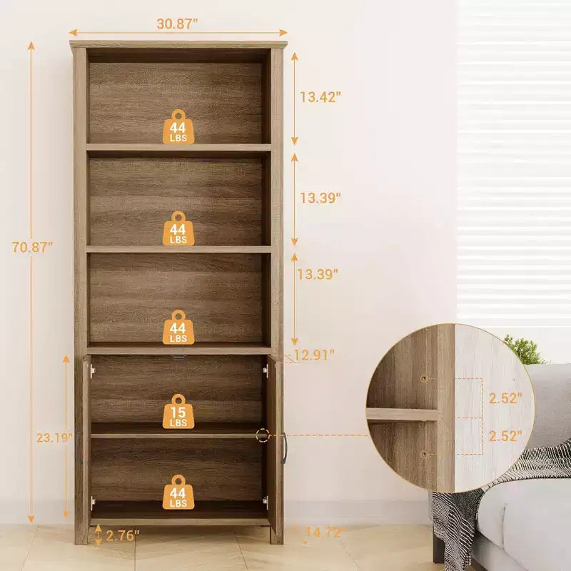 Bibliothèque et étagères de style fermier avec portes, étagère de rangement à 5 niveaux, étagères en bois