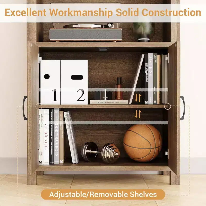 Bibliothèque et étagères de style fermier avec portes, étagère de rangement à 5 niveaux, étagères en bois