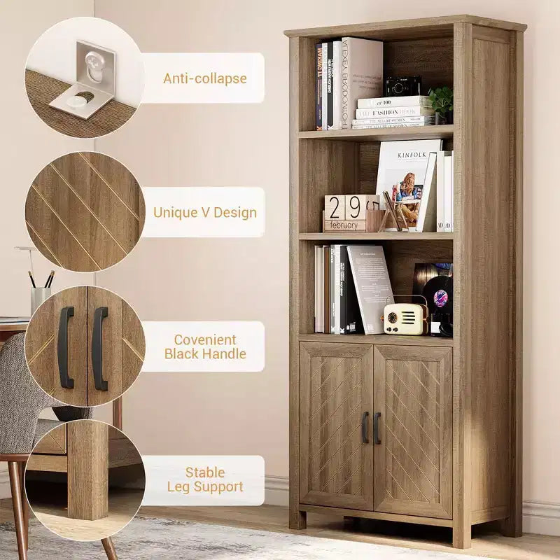 Bibliothèque et étagères de style fermier avec portes, étagère de rangement à 5 niveaux, étagères en bois
