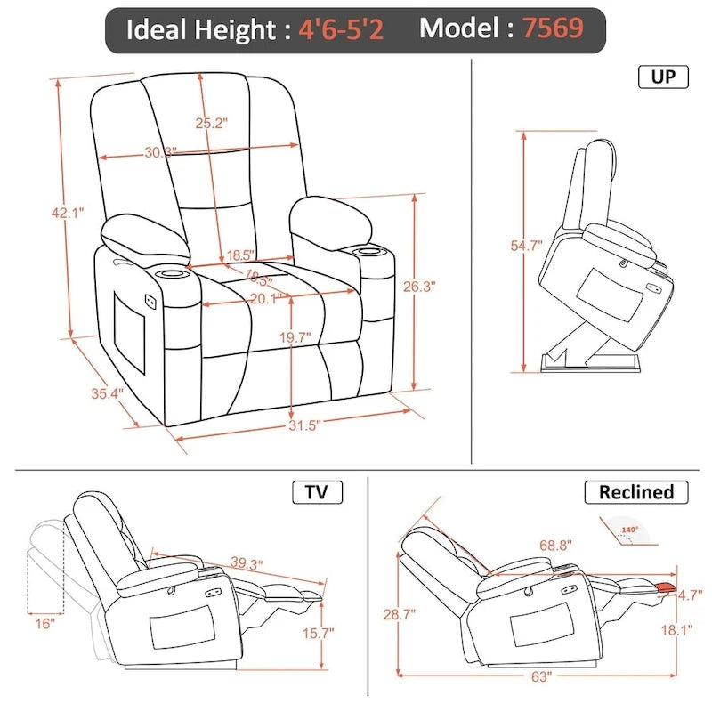 Fauteuil inclinable compact électrique, massant et chauffant (spécialement conçu pour les personnes âgées de petite taille)
