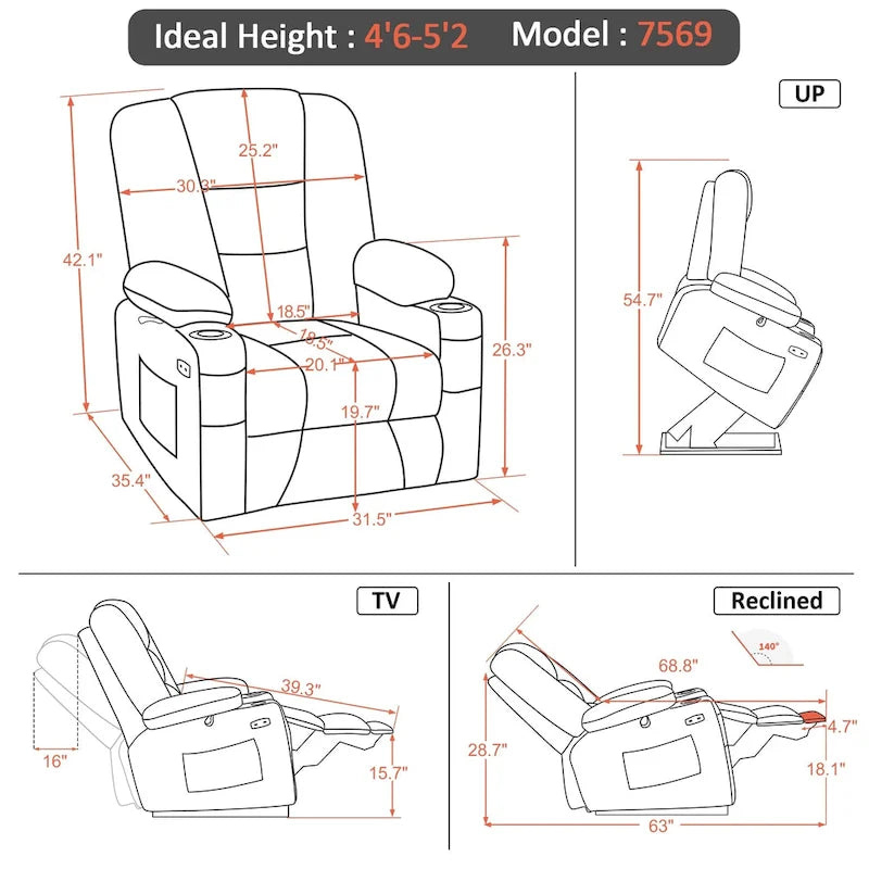Fauteuil inclinable compact électrique, massant et chauffant (spécialement conçu pour les personnes âgées de petite taille)