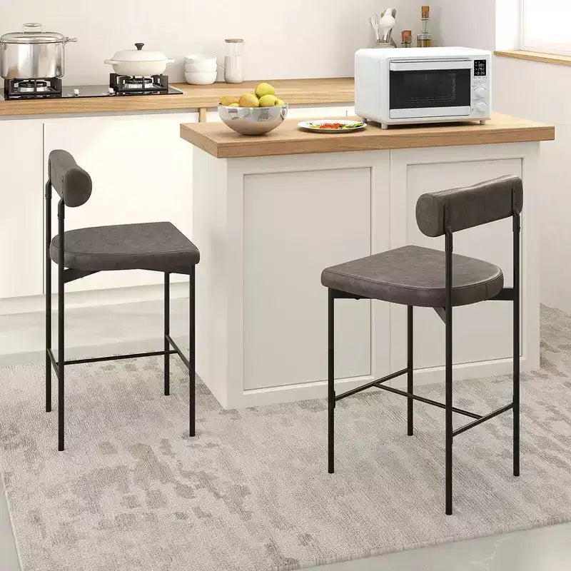 Lot de 2 tabourets de bar Costway 26 avec coussin rembourré et dossier, repose-pieds marron/gris