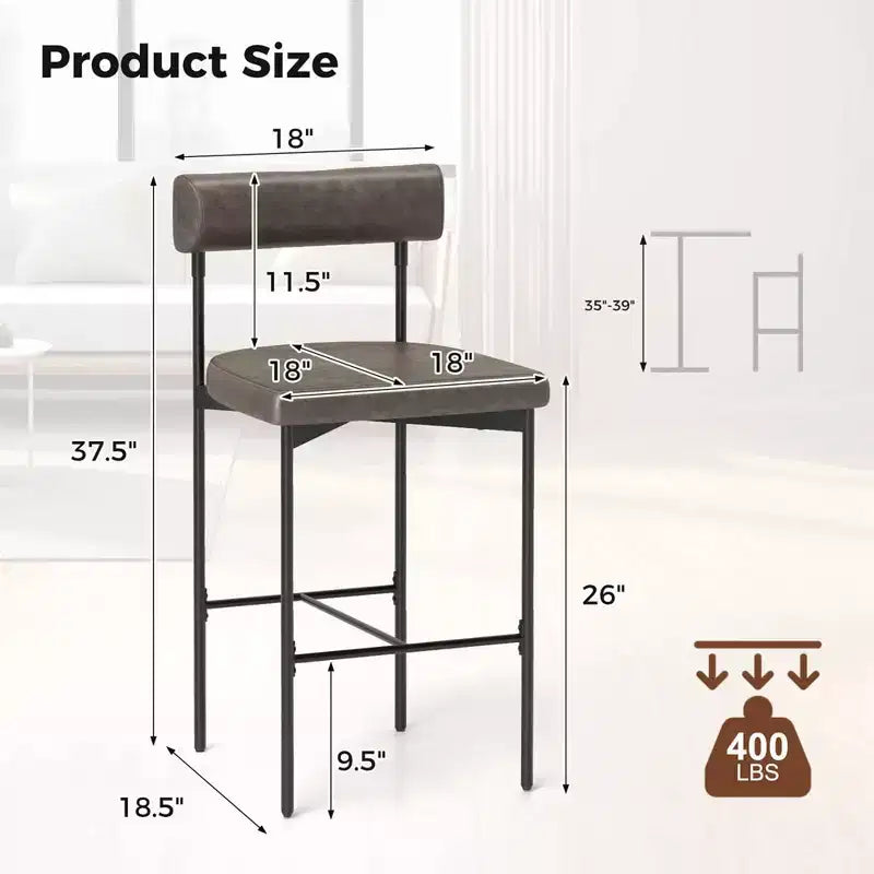 Lot de 2 tabourets de bar Costway 26 avec coussin rembourré et dossier, repose-pieds marron/gris