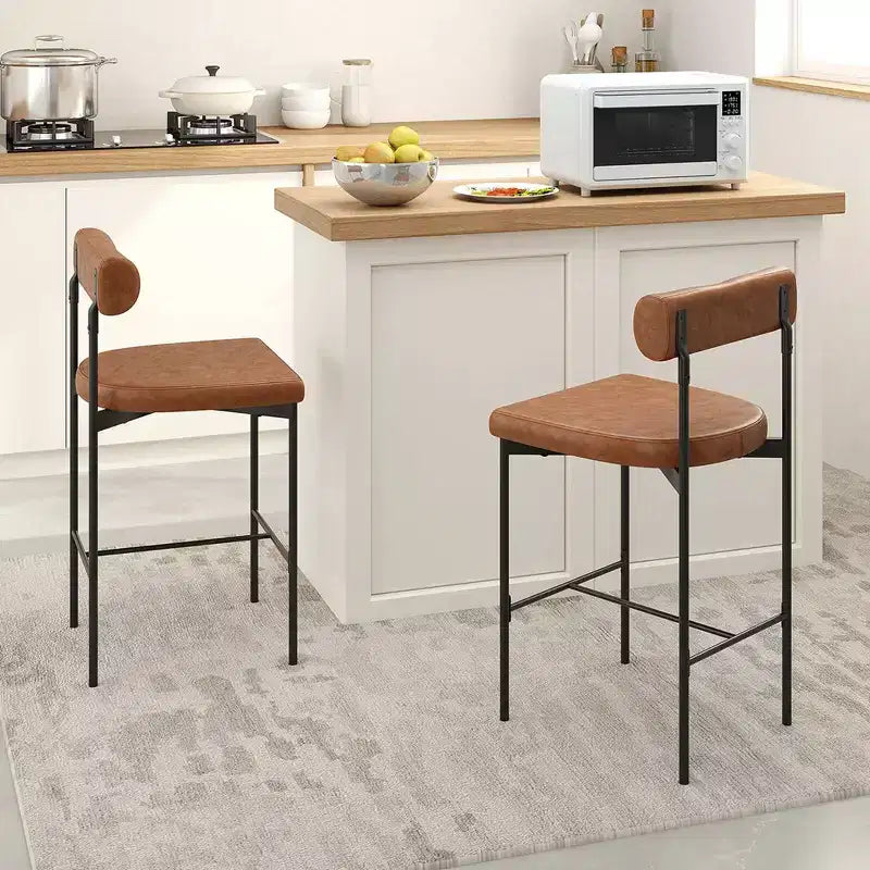 Lot de 2 tabourets de bar Costway 26 avec coussin rembourré et dossier, repose-pieds marron/gris