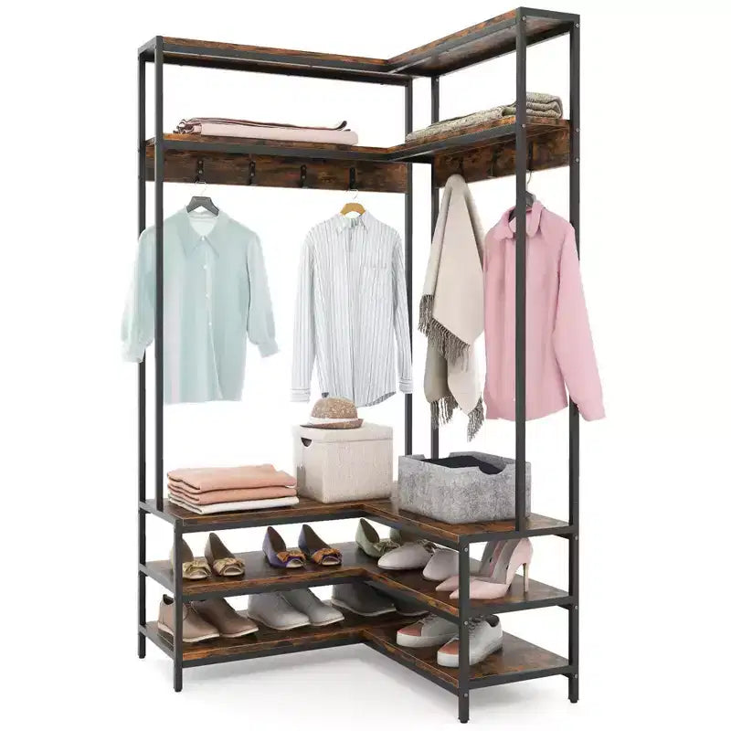 Portant à vêtements d'angle Costway, portant à vêtements en forme de L avec étagères ouvertes et patins réglables, Marron rustique/Noyer/Blanc