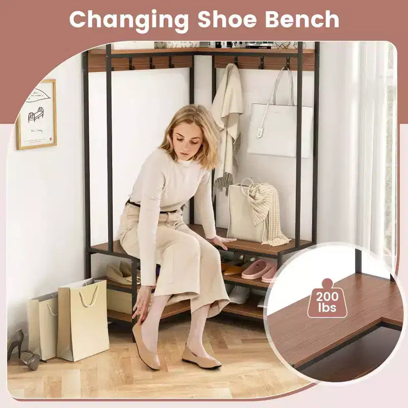 Portant à vêtements d'angle Costway, portant à vêtements en forme de L avec étagères ouvertes et patins réglables, Marron rustique/Noyer/Blanc