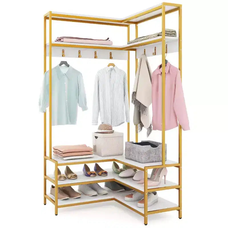 Portant à vêtements d'angle Costway, portant à vêtements en forme de L avec étagères ouvertes et patins réglables, Marron rustique/Noyer/Blanc