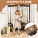 Portant à vêtements d'angle Costway, portant à vêtements en forme de L avec étagères ouvertes et patins réglables, Marron rustique/Noyer/Blanc