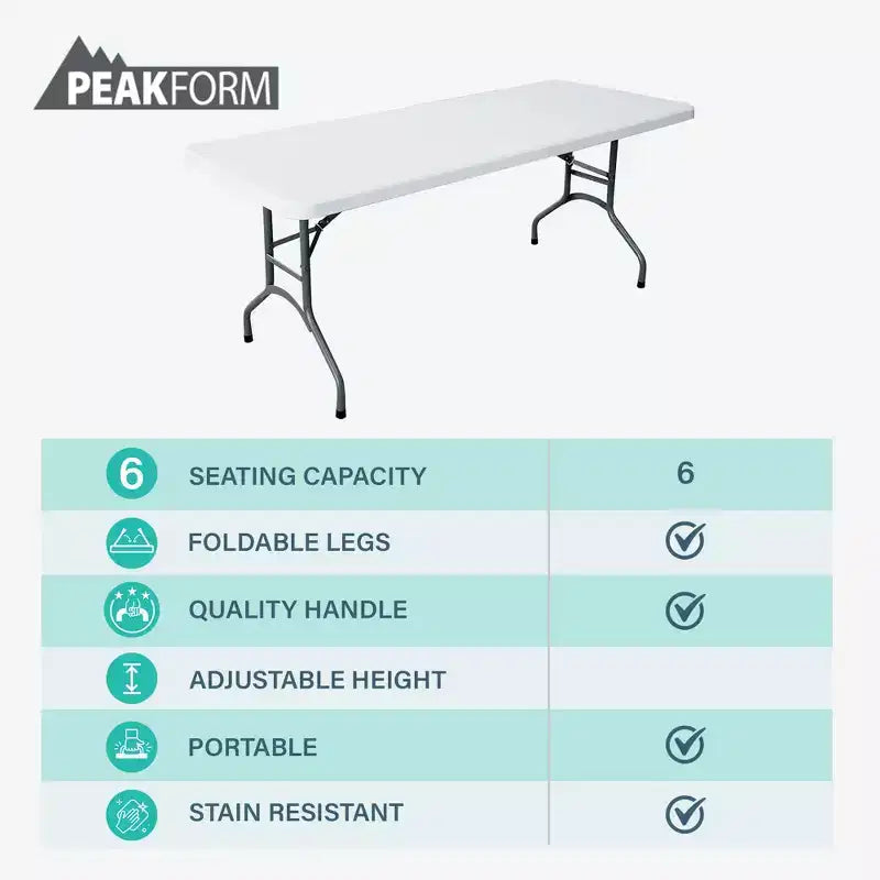 Table de banquet polyvalente Peakform, pliante, légère, durable, avec base sécurisée, pour événements intérieurs et extérieurs, 1,80 m, blanche