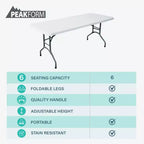 Table de banquet polyvalente Peakform, pliante, légère, durable, avec base sécurisée, pour événements intérieurs et extérieurs, 1,80 m, blanche