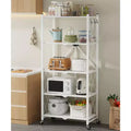 5-Tier Foldable Metal Storage Shelf with Wheels and Side Hooks Heavy Duty Organizer Rack White