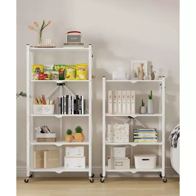Étagère de rangement pliable en métal à 5 niveaux avec roues et crochets latéraux, robuste, coloris blanc