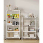 Étagère de rangement pliable en métal à 5 niveaux avec roues et crochets latéraux, robuste, coloris blanc