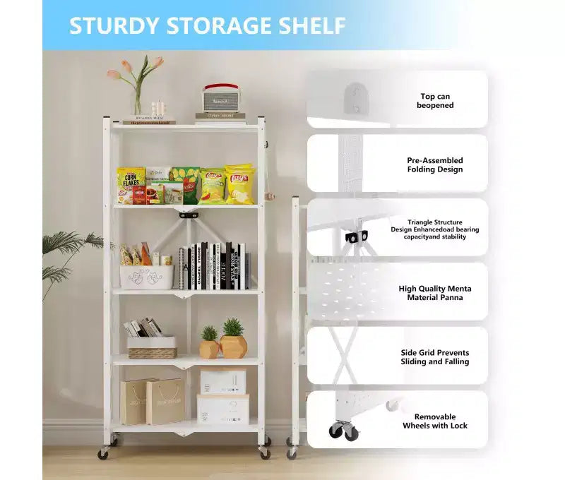 Étagère de rangement pliable en métal à 5 niveaux avec roues et crochets latéraux, robuste, coloris blanc