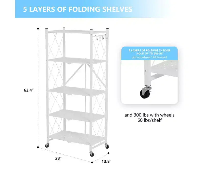 Étagère de rangement pliable en métal à 5 niveaux avec roues et crochets latéraux, robuste, coloris blanc