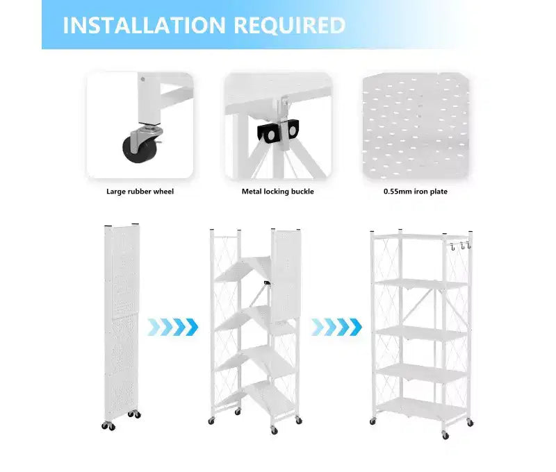 Étagère de rangement pliable en métal à 5 niveaux avec roues et crochets latéraux, robuste, coloris blanc