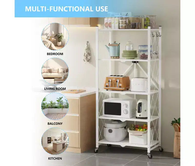 Étagère de rangement pliable en métal à 5 niveaux avec roues et crochets latéraux, robuste, coloris blanc